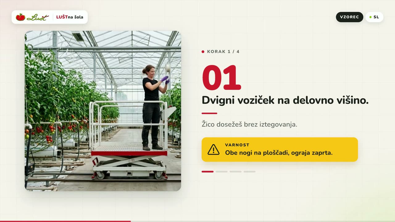 Kartica koraka 01: Dvigni voziček na delovno višino, z rumenim varnostnim opozorilom